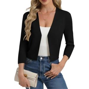 GRACE KARIN Women’s 3/4 Sleeve Cropped Cardigan Sweater Lightweight Open Front Dressy Causal Shrug Spring Fashion(Black)