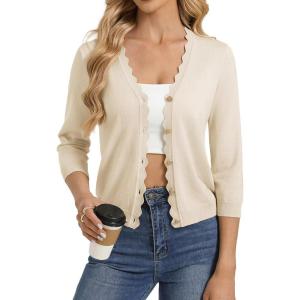 GRACE KARIN Women’s 3/4 Sleeve V Neck Button Down Lightweight Cardigan Sweater Open Front Dressy Shrugs Spring Fashion(Apricot)