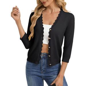 GRACE KARIN Women’s 3/4 Sleeve V Neck Button Down Lightweight Cardigan Sweater Open Front Dressy Shrugs Spring Fashion(Black)
