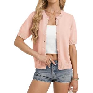 GRACE KARIN Womens Casual Short Sleeve Cardigan Lightweight Summer Cardigan Sweater 2026 Button Up Cropped Shrug Sweater(Pink)