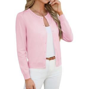 GRACE KARIN Womens Cropped Cardigan Sweaters Trendy Lightweight Shrugs Button Up Long Sleeve Knit Tops(Pink)