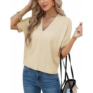 GRACE KARIN Womens Short Sleeve Cropped Cardigans Batwing Lightweight Button Up V Neck Casual Knit Sweater Tops(Apricot)