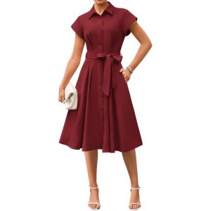 GRACE KARIN Womens Short Sleeve Shirt Dresses 2026 Summer Midi Button Down Dress Work Business Casual Dress with Pockets(Wine Red)