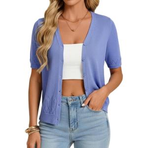 GRACE KARIN Womens Short Sleeve V Neck Button Up Cardigan Sweater Lightweight Crochet Knit Dressy Casual Spring Outfits(Blue)