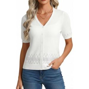 GRACE KARIN Womens Short Sleeve V Neck Button Up Cardigan Sweater Lightweight Crochet Knit Dressy Casual Spring Outfits(Off-white)