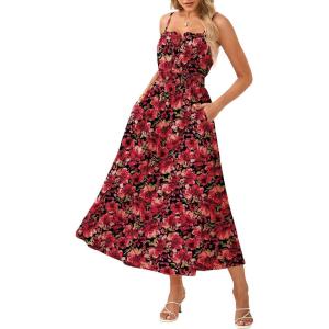 GRACE KARIN Womens Summer Clothes 2026 Boho Floral Maxi Long Dresses Spaghetti Straps Casual Beach Sundress with Pockets(Red Black Floral)