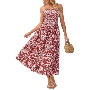 GRACE KARIN Womens Summer Clothes 2026 Boho Floral Maxi Long Dresses Spaghetti Straps Casual Beach Sundress with Pockets(Red Floral)