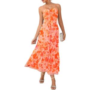 GRACE KARIN Women’s Summer Floral Maxi Dress Spaghetti Strap Ruffle Wedding Guest Dresses Beach Long Mesh Sundress(Orange Floral)