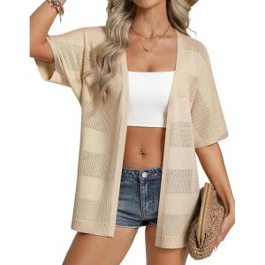 GRACE KARIN Women’s Summer Lightweight Boho Crochet Cardigan Sweaters Short Sleeve Open Front Knit Kimono Beach Cardigan(Apricot)