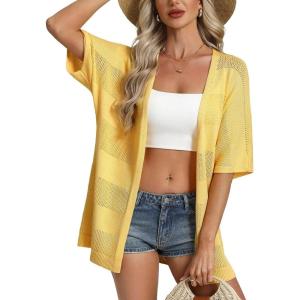 GRACE KARIN Women’s Summer Lightweight Boho Crochet Cardigan Sweaters Short Sleeve Open Front Knit Kimono Beach Cardigan(Yellow)