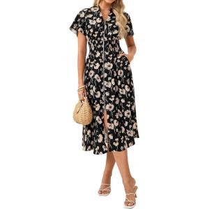 GRACE KARIN Womens Summer Maxi Floral Dress Casual 2026 Long Zipper Dresses Boho Flowy Beach Vacation Sundress with Pockets(Black Floral)