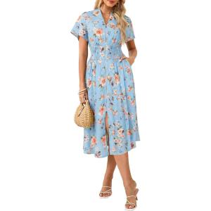 GRACE KARIN Womens Summer Maxi Floral Dress Casual 2026 Long Zipper Dresses Boho Flowy Beach Vacation Sundress with Pockets(Light Blue Floral)
