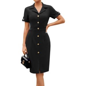 GRACE KARIN Work Dresses for Women 2026 Short Sleeve Button Bodycon Dress Pencil Office Midi Dress with Pockets(Black)