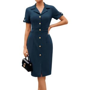 GRACE KARIN Work Dresses for Women 2026 Short Sleeve Button Bodycon Dress Pencil Office Midi Dress with Pockets(Navy Blue)