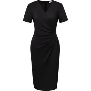 GRACE KARIN Work Dresses for Women 2026 Short Sleeve Elegant Church Dresses Ruched V-Neck Sheath Bodycon Dress(Black)