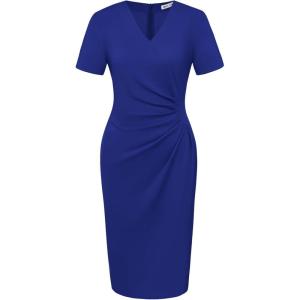 GRACE KARIN Work Dresses for Women 2026 Short Sleeve Elegant Church Dresses Ruched V-Neck Sheath Bodycon Dress(Blue)
