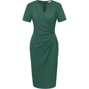 GRACE KARIN Work Dresses for Women 2026 Short Sleeve Elegant Church Dresses Ruched V-Neck Sheath Bodycon Dress(Dark Green)