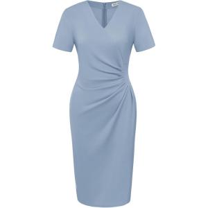 GRACE KARIN Work Dresses for Women 2026 Short Sleeve Elegant Church Dresses Ruched V-Neck Sheath Bodycon Dress(Light Blue)
