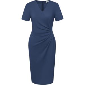 GRACE KARIN Work Dresses for Women 2026 Short Sleeve Elegant Church Dresses Ruched V-Neck Sheath Bodycon Dress(Navy Blue)