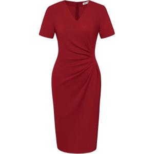 GRACE KARIN Work Dresses for Women 2026 Short Sleeve Elegant Church Dresses Ruched V-Neck Sheath Bodycon Dress(Red)