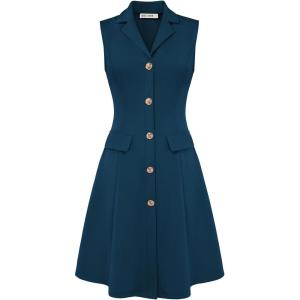 GRACE KARIN Work Dresses for Women 2026 Sleeveless Button Business Midi Dress Notch Lapel V Neck Formal Office A Line Dresses(Peacock Blue)