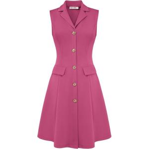 GRACE KARIN Work Dresses for Women 2026 Sleeveless Button Business Midi Dress Notch Lapel V Neck Formal Office A Line Dresses(Rose Red)