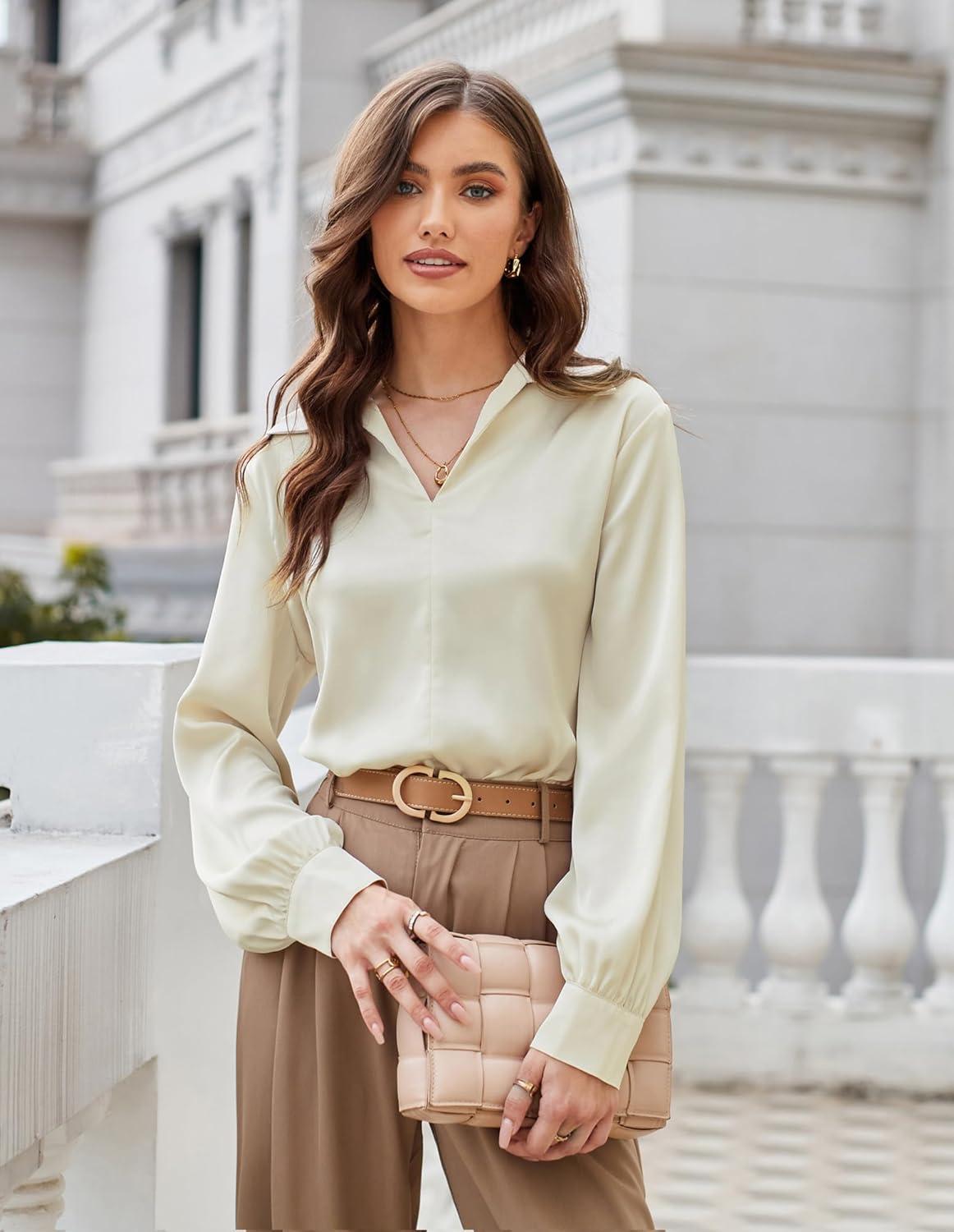 imageGRACE KARIN Business Casual Tops for Women Satin Silk Blouse Collared V Neck Long Sleeve Work Shirts Dressy Tops Fall ClothesApricot