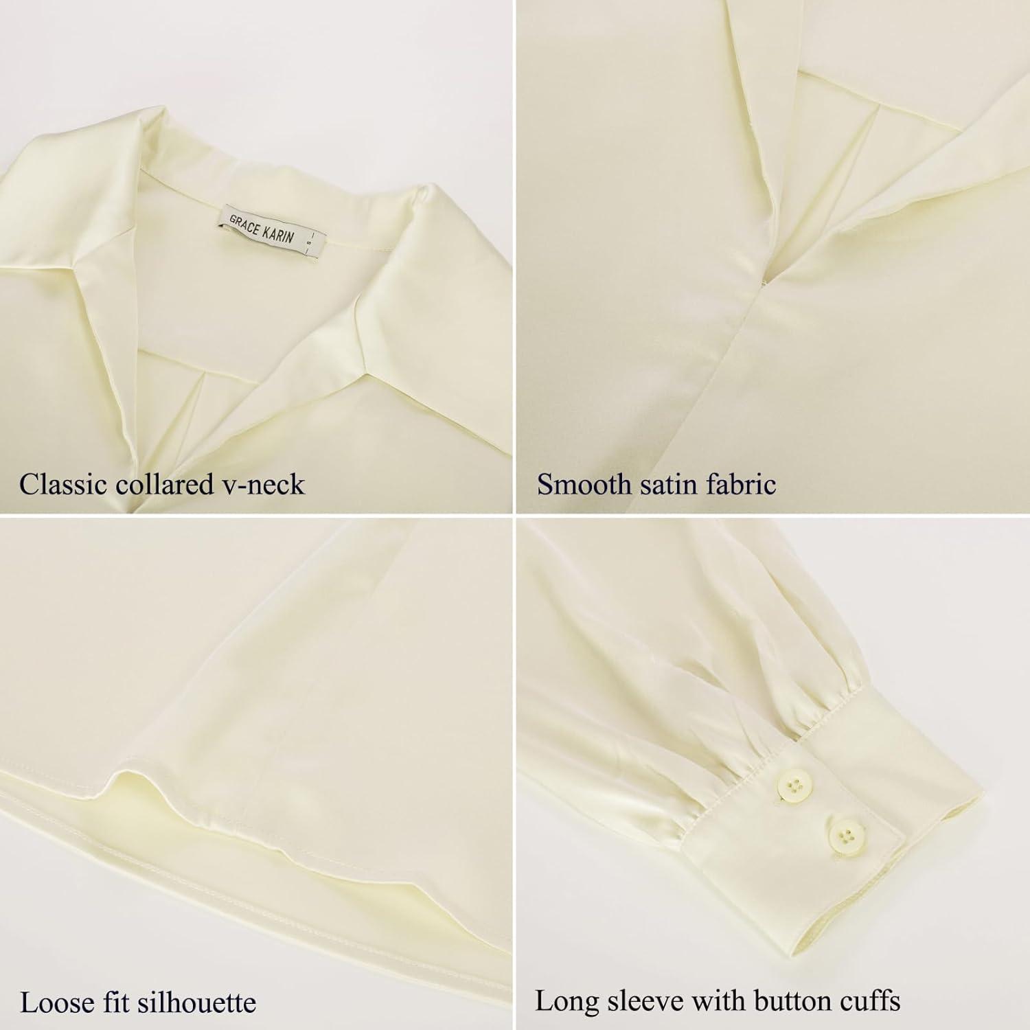 imageGRACE KARIN Business Casual Tops for Women Satin Silk Blouse Collared V Neck Long Sleeve Work Shirts Dressy Tops Fall ClothesApricot