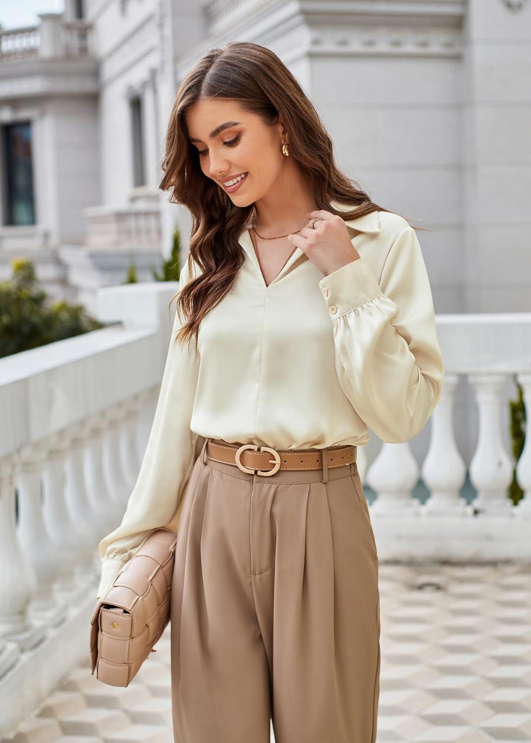 imageGRACE KARIN Business Casual Tops for Women Satin Silk Blouse Collared V Neck Long Sleeve Work Shirts Dressy Tops Fall ClothesApricot