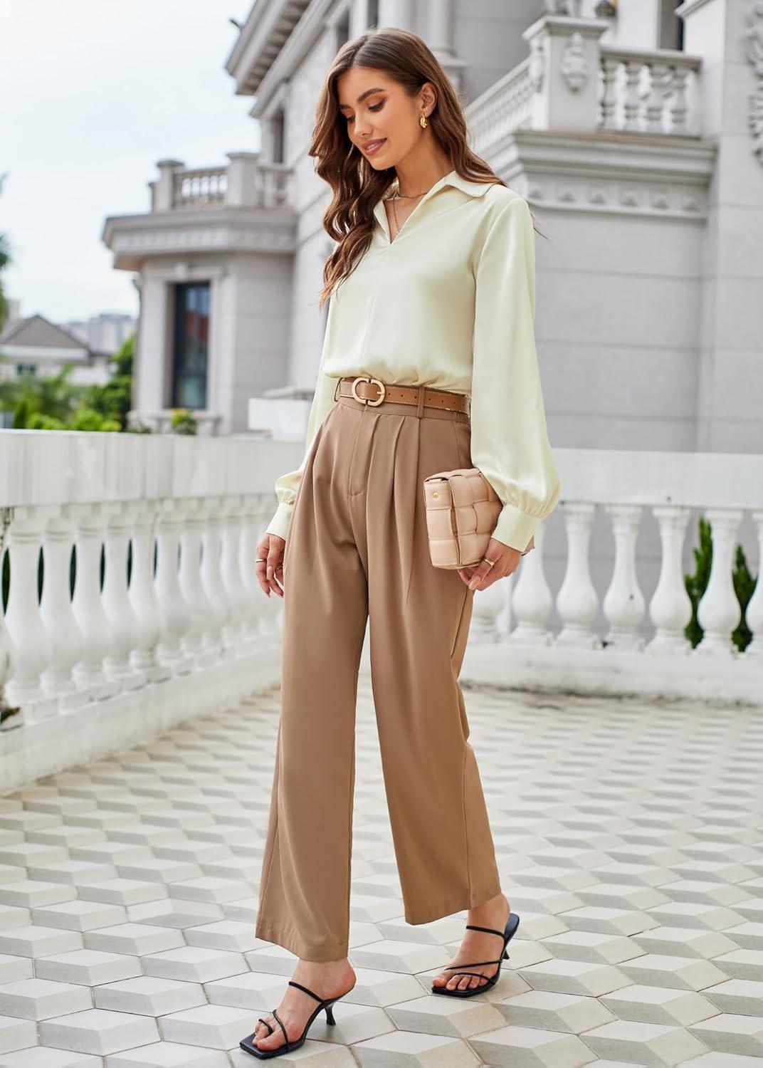 imageGRACE KARIN Business Casual Tops for Women Satin Silk Blouse Collared V Neck Long Sleeve Work Shirts Dressy Tops Fall ClothesApricot