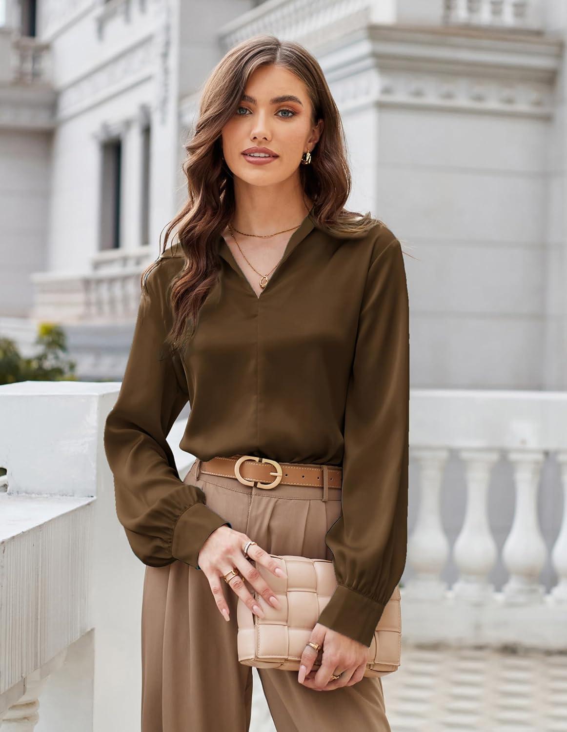 imageGRACE KARIN Business Casual Tops for Women Satin Silk Blouse Collared V Neck Long Sleeve Work Shirts Dressy Tops Fall ClothesBrown
