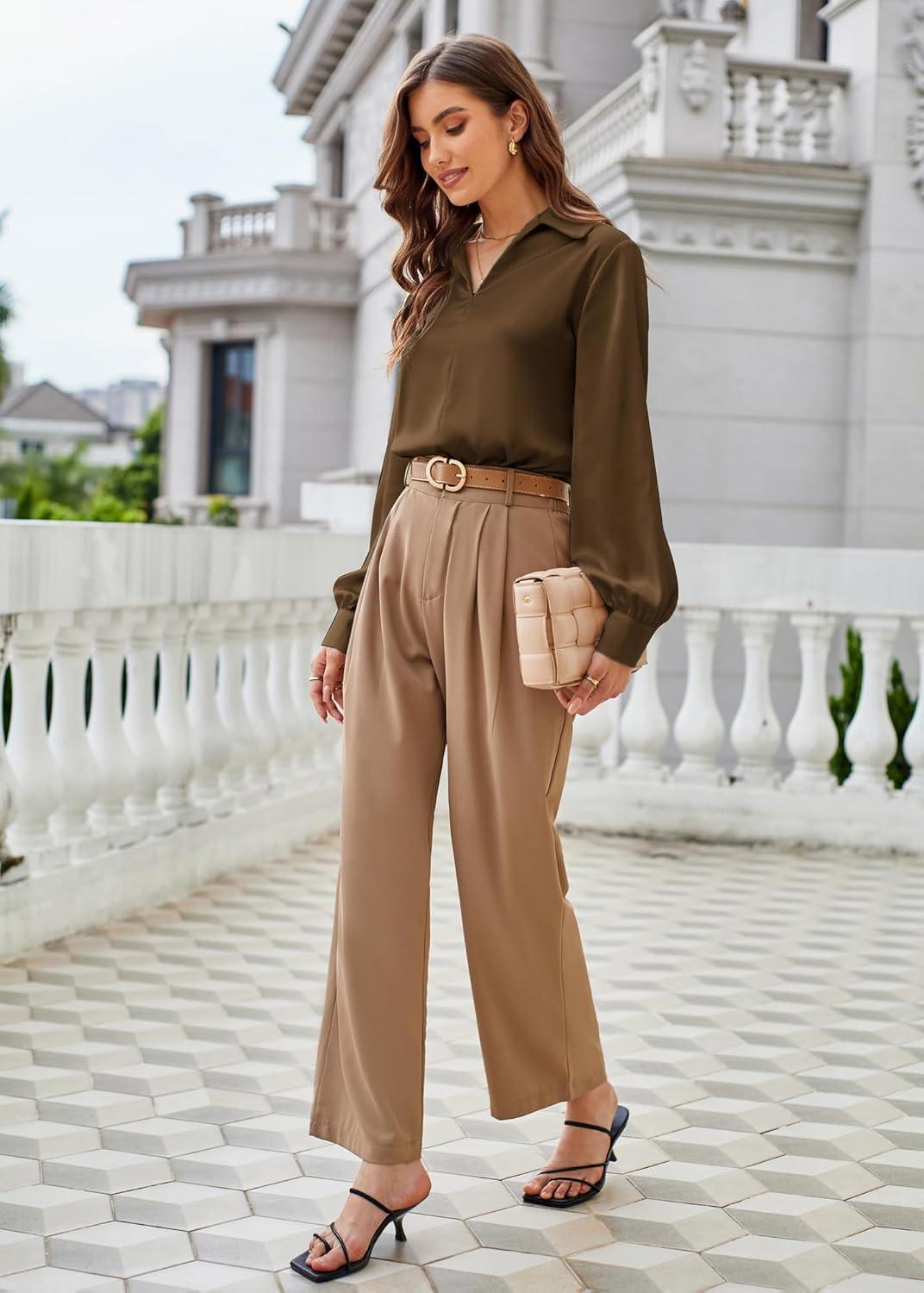imageGRACE KARIN Business Casual Tops for Women Satin Silk Blouse Collared V Neck Long Sleeve Work Shirts Dressy Tops Fall ClothesBrown