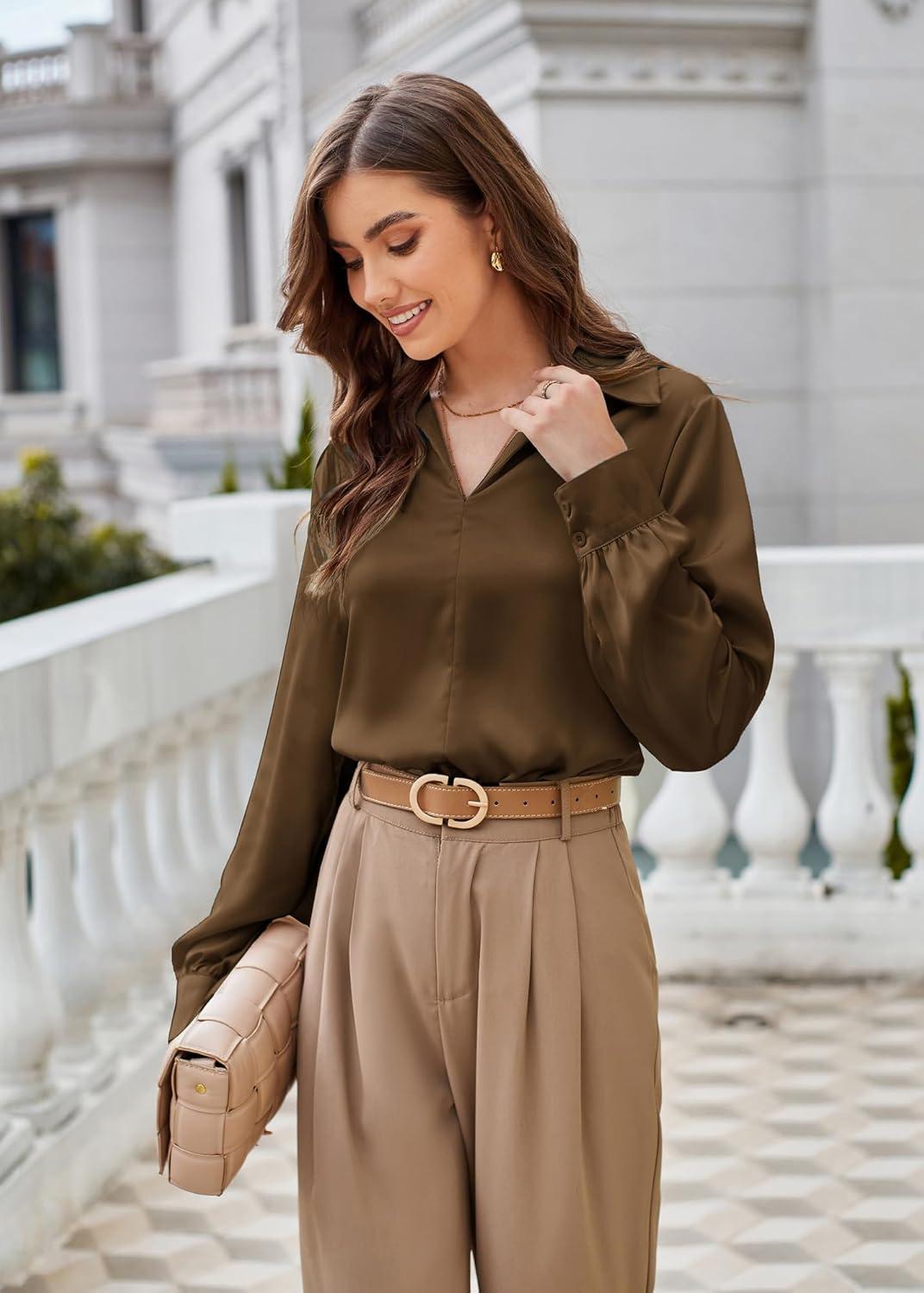 imageGRACE KARIN Business Casual Tops for Women Satin Silk Blouse Collared V Neck Long Sleeve Work Shirts Dressy Tops Fall ClothesBrown