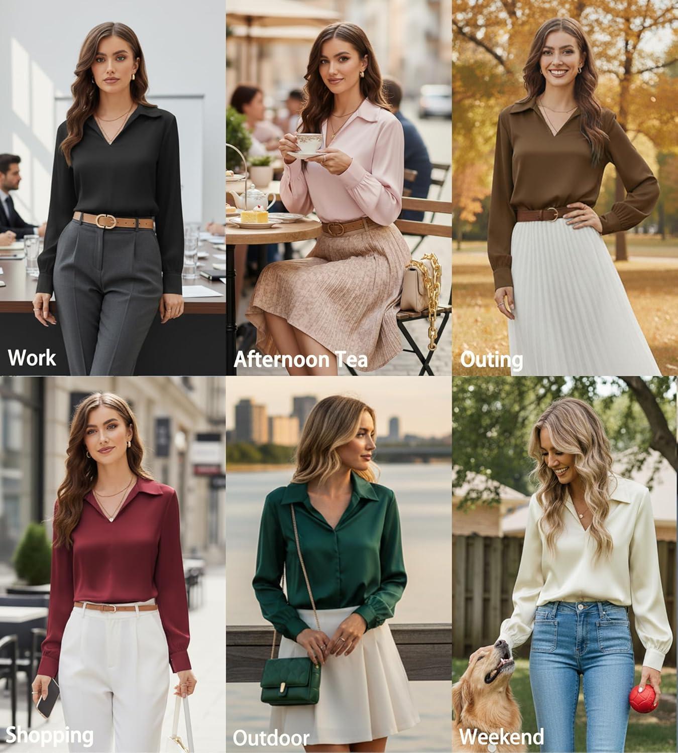 imageGRACE KARIN Business Casual Tops for Women Satin Silk Blouse Collared V Neck Long Sleeve Work Shirts Dressy Tops Fall ClothesBrown