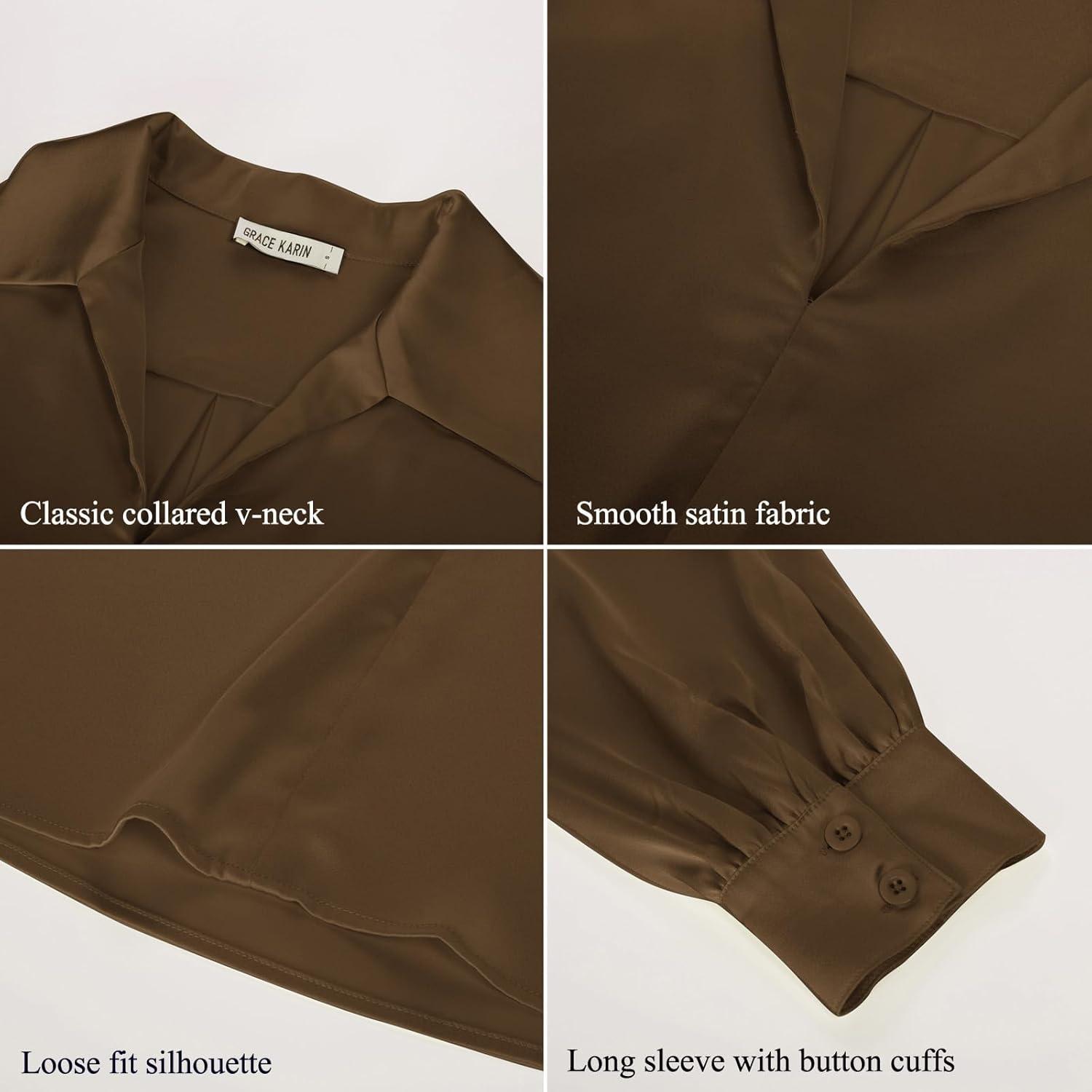 imageGRACE KARIN Business Casual Tops for Women Satin Silk Blouse Collared V Neck Long Sleeve Work Shirts Dressy Tops Fall ClothesBrown