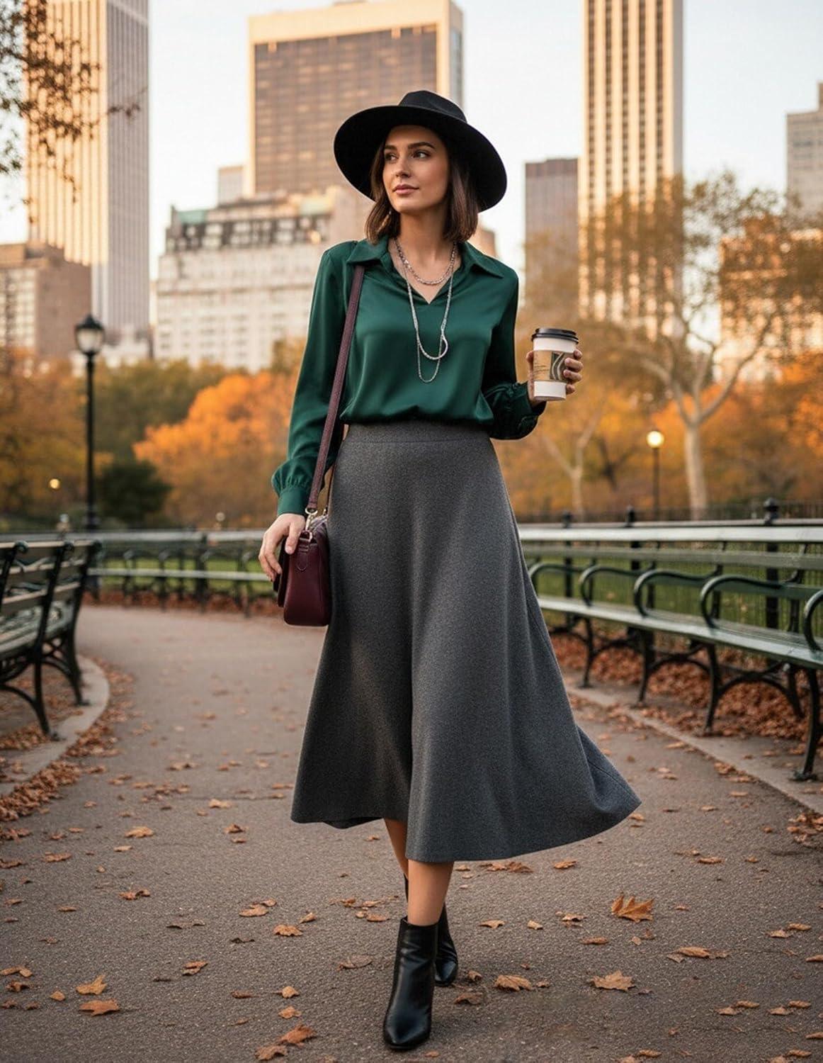imageGRACE KARIN Business Casual Tops for Women Satin Silk Blouse Collared V Neck Long Sleeve Work Shirts Dressy Tops Fall ClothesDark Green