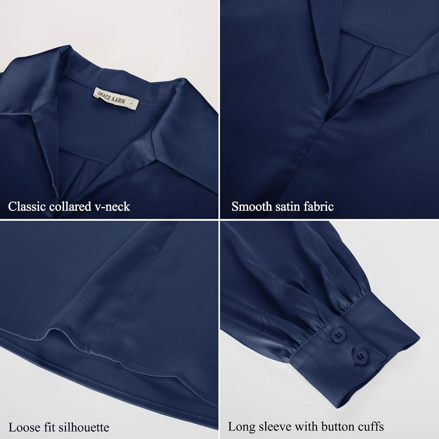 imageGRACE KARIN Business Casual Tops for Women Satin Silk Blouse Collared V Neck Long Sleeve Work Shirts Dressy Tops Fall ClothesDrak Blue
