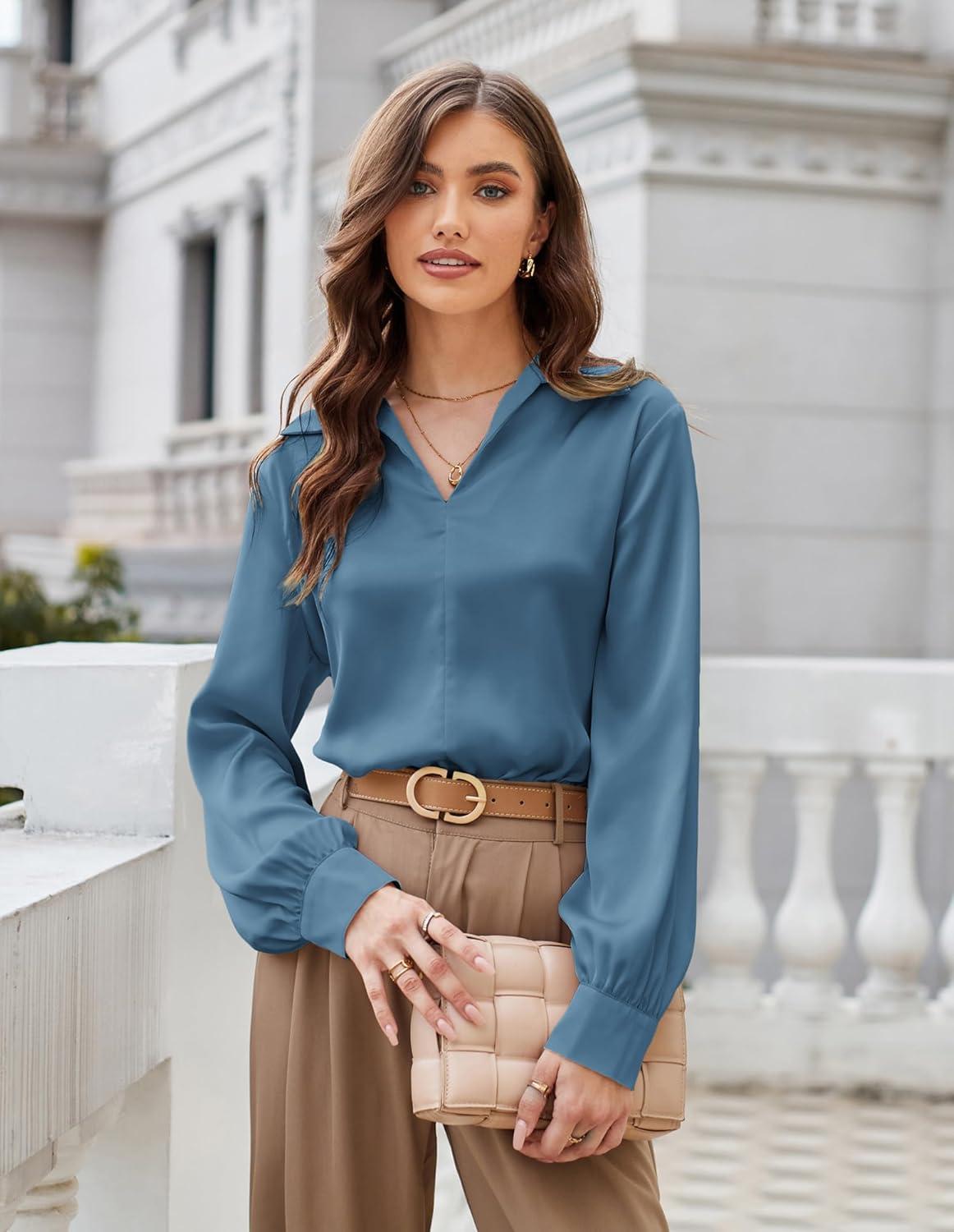 imageGRACE KARIN Business Casual Tops for Women Satin Silk Blouse Collared V Neck Long Sleeve Work Shirts Dressy Tops Fall ClothesGrey Blue