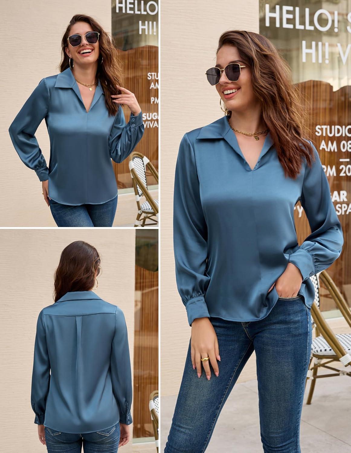 imageGRACE KARIN Business Casual Tops for Women Satin Silk Blouse Collared V Neck Long Sleeve Work Shirts Dressy Tops Fall ClothesGrey Blue