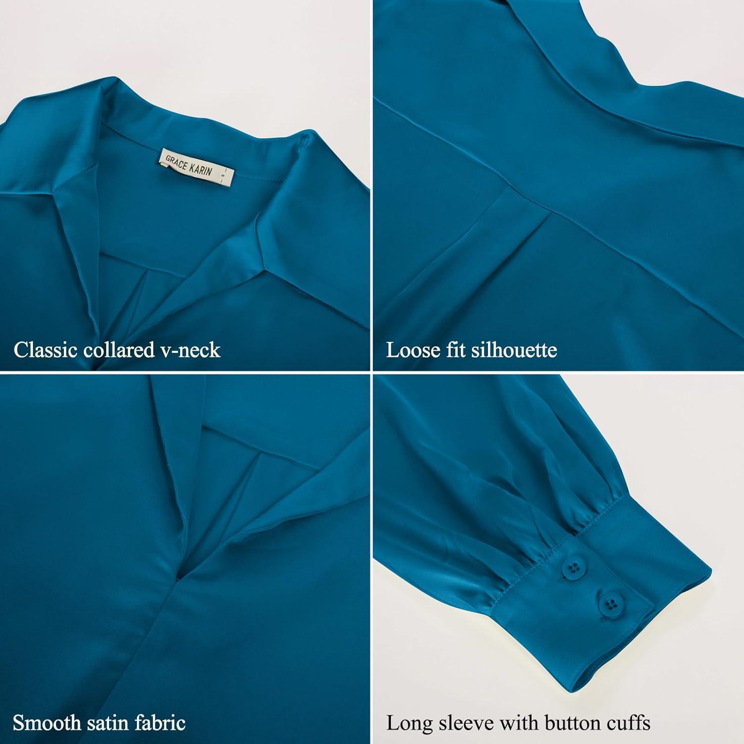 imageGRACE KARIN Business Casual Tops for Women Satin Silk Blouse Collared V Neck Long Sleeve Work Shirts Dressy Tops Fall ClothesPeacock Blue
