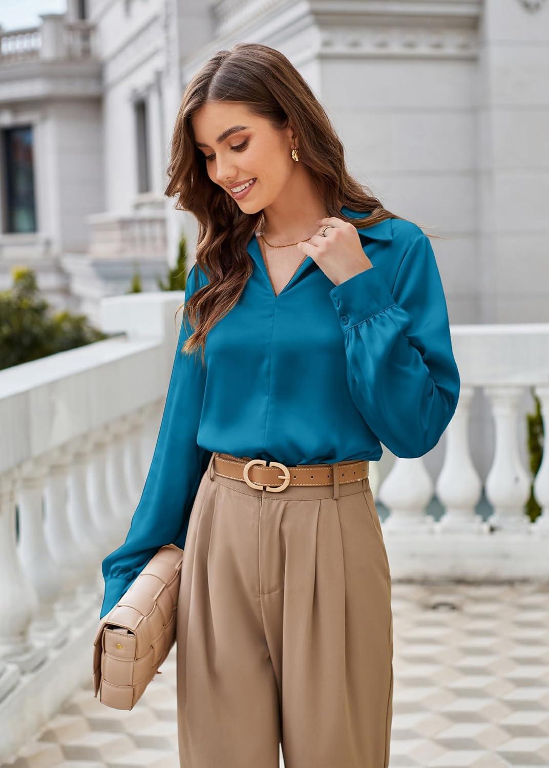 imageGRACE KARIN Business Casual Tops for Women Satin Silk Blouse Collared V Neck Long Sleeve Work Shirts Dressy Tops Fall ClothesPeacock Blue
