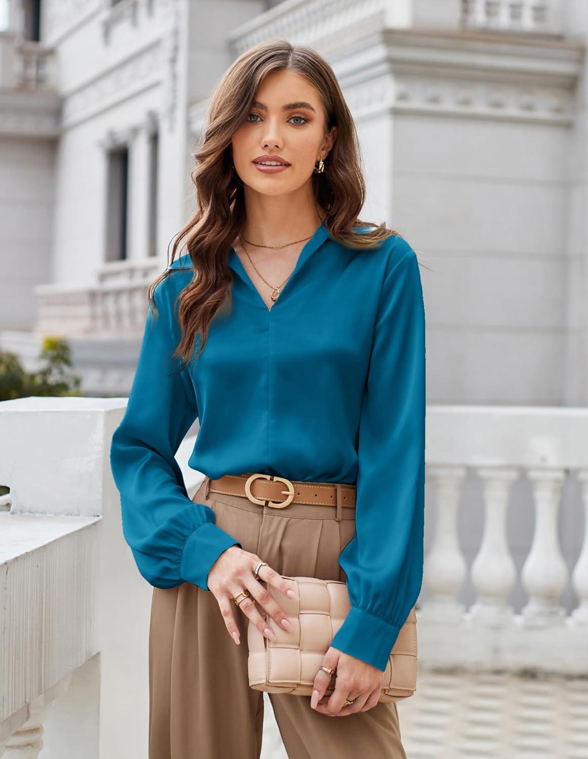 imageGRACE KARIN Business Casual Tops for Women Satin Silk Blouse Collared V Neck Long Sleeve Work Shirts Dressy Tops Fall ClothesPeacock Blue
