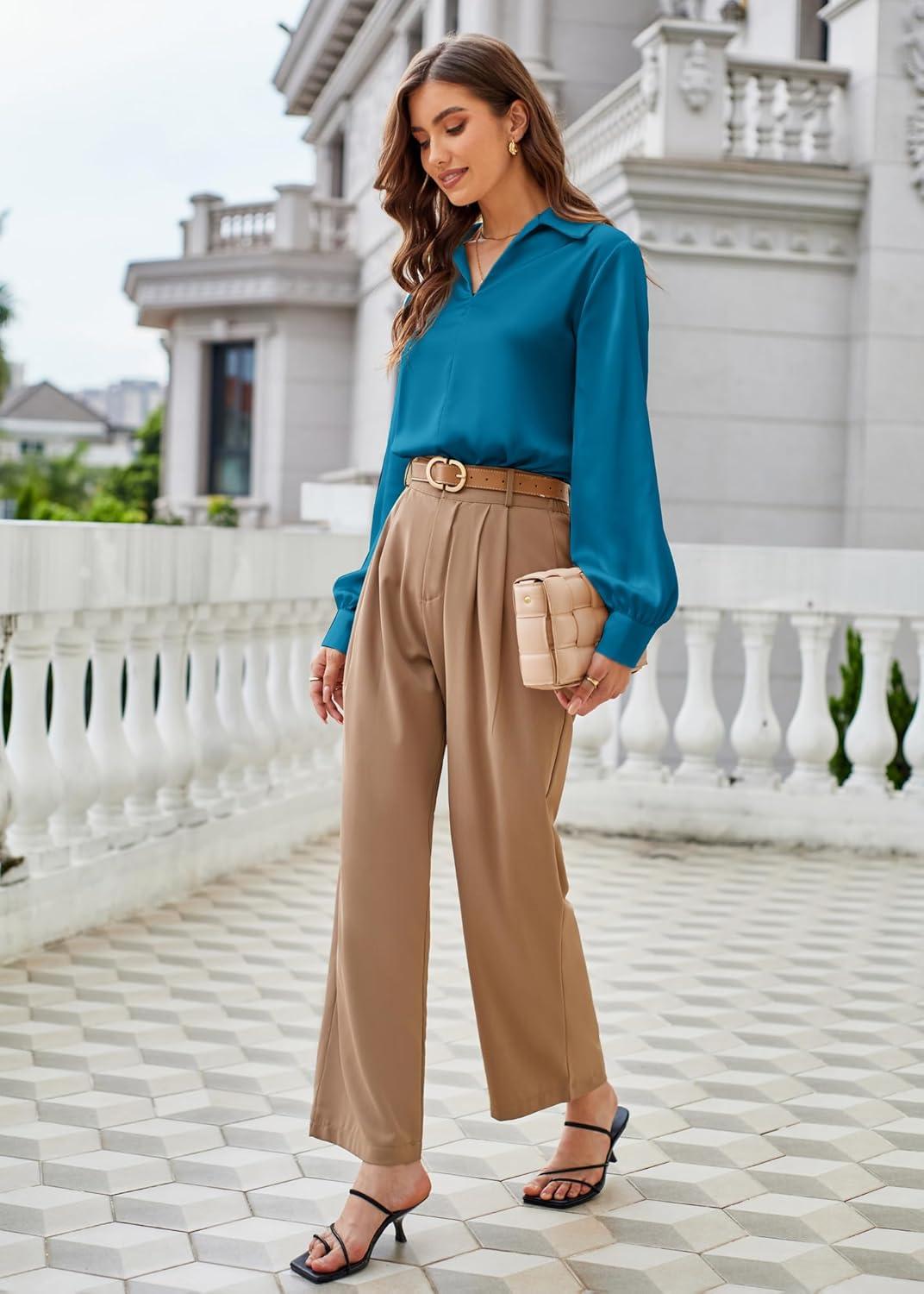 imageGRACE KARIN Business Casual Tops for Women Satin Silk Blouse Collared V Neck Long Sleeve Work Shirts Dressy Tops Fall ClothesPeacock Blue