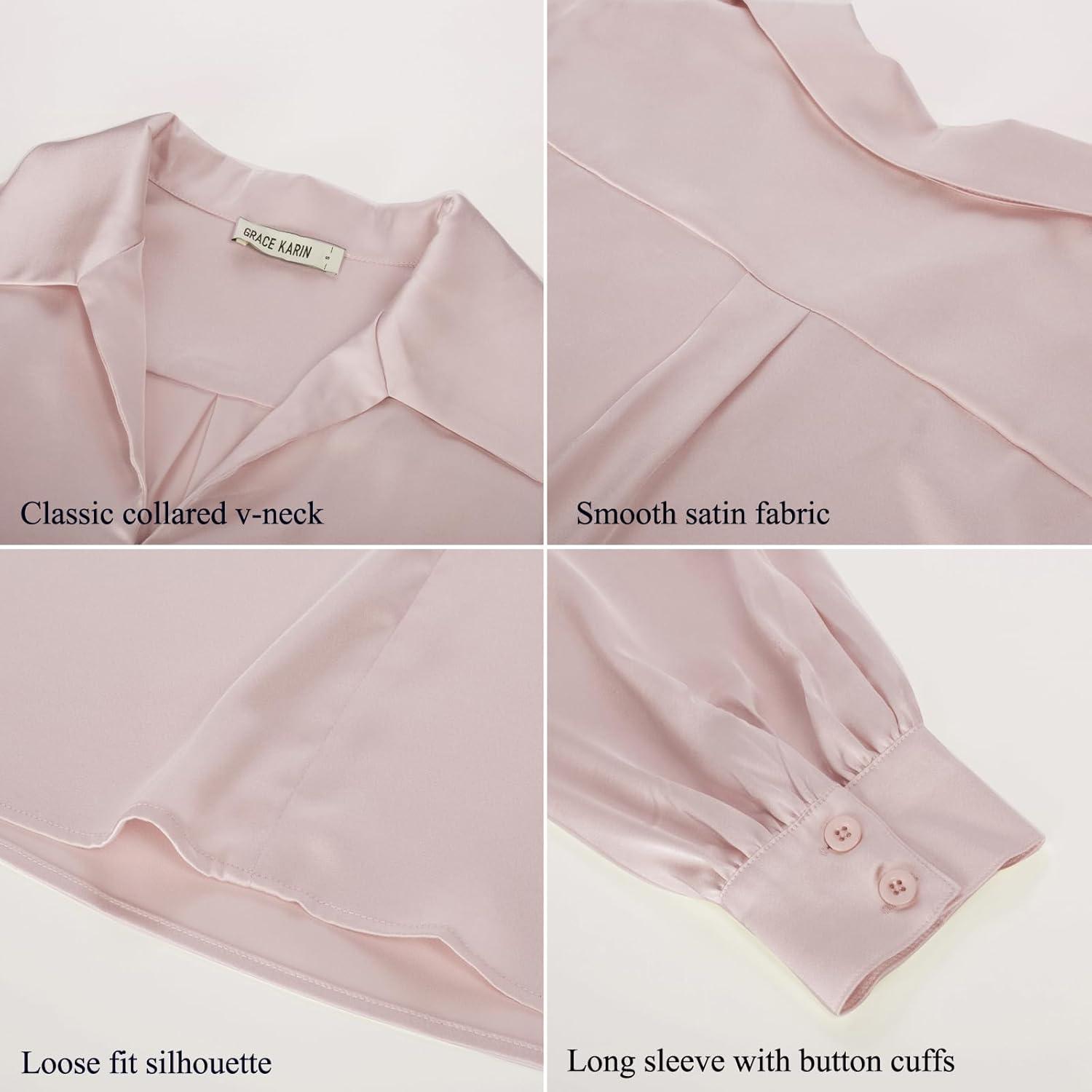imageGRACE KARIN Business Casual Tops for Women Satin Silk Blouse Collared V Neck Long Sleeve Work Shirts Dressy Tops Fall ClothesPink