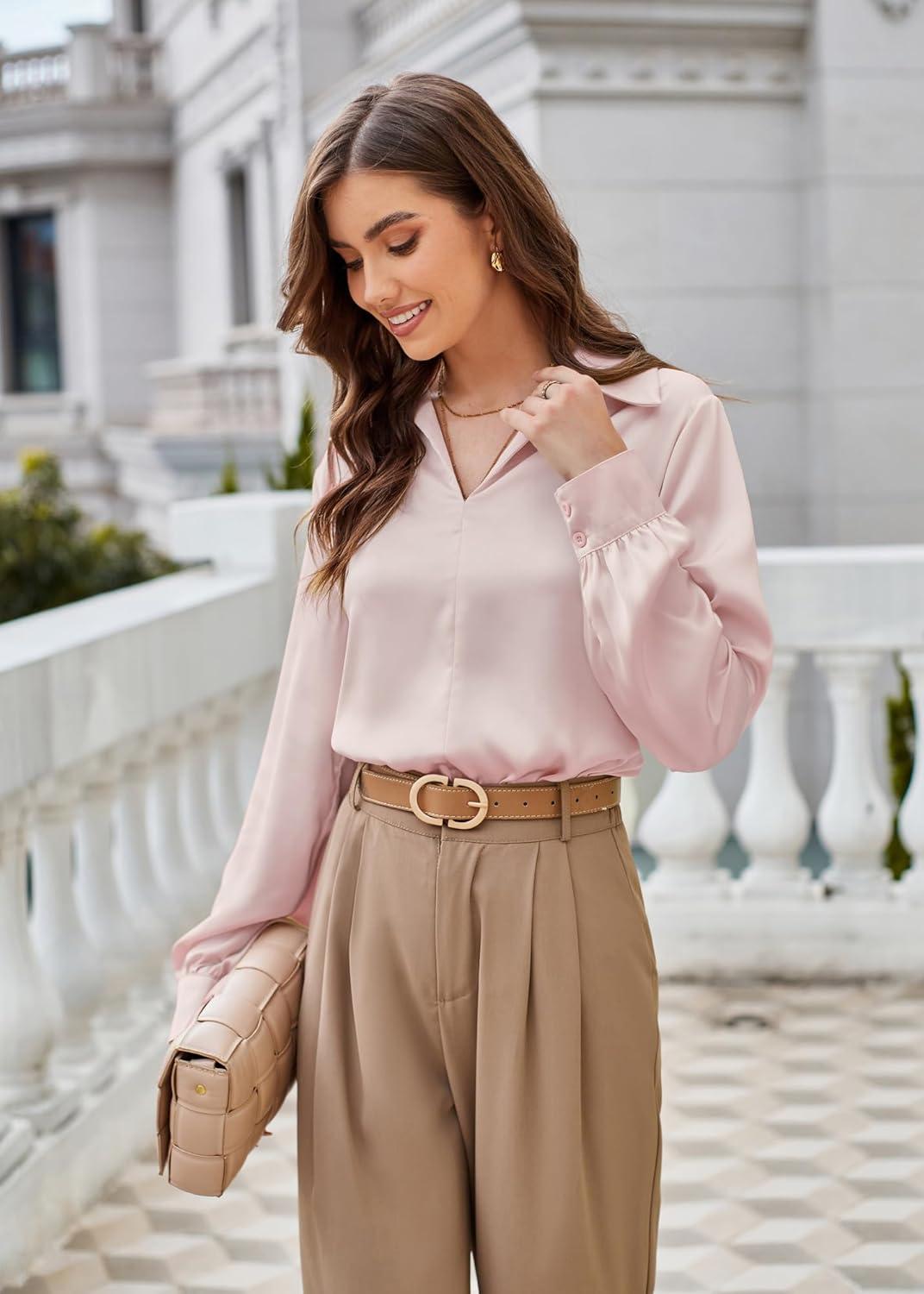 imageGRACE KARIN Business Casual Tops for Women Satin Silk Blouse Collared V Neck Long Sleeve Work Shirts Dressy Tops Fall ClothesPink