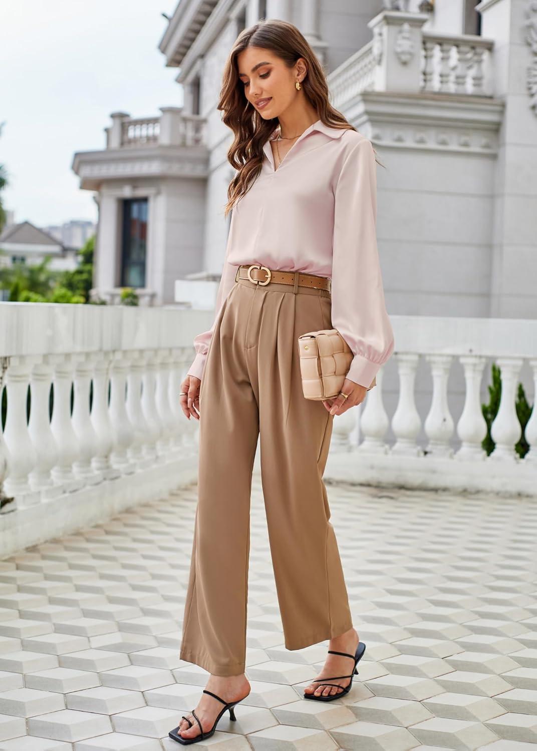 imageGRACE KARIN Business Casual Tops for Women Satin Silk Blouse Collared V Neck Long Sleeve Work Shirts Dressy Tops Fall ClothesPink