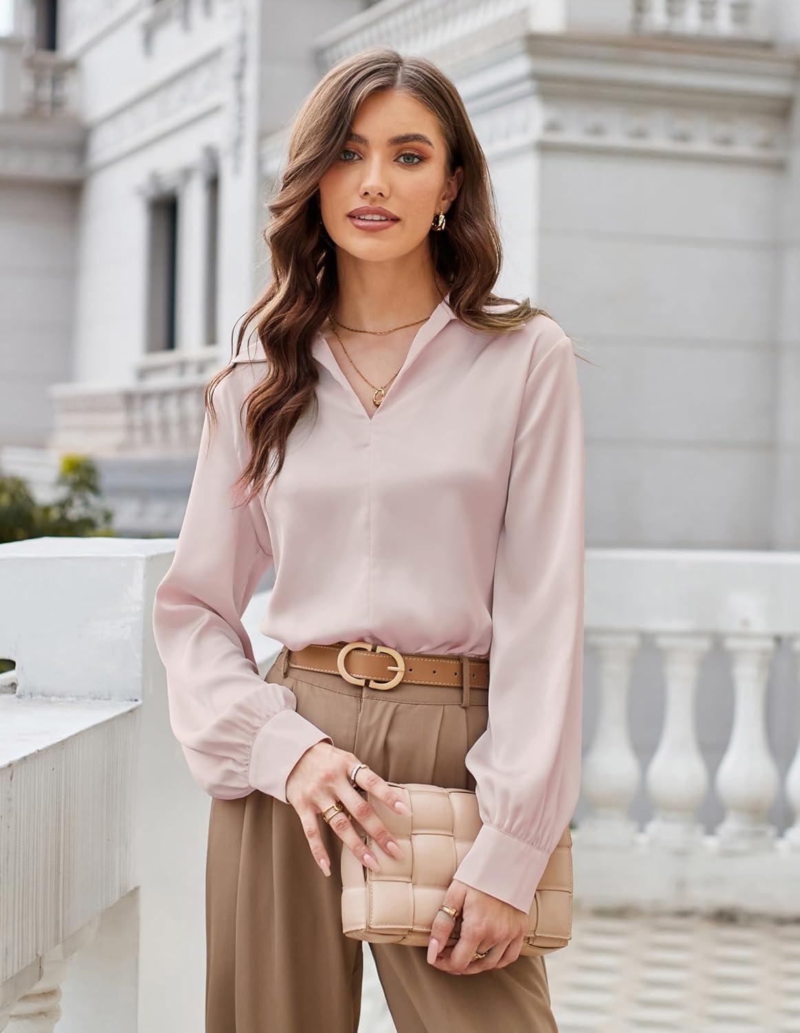 imageGRACE KARIN Business Casual Tops for Women Satin Silk Blouse Collared V Neck Long Sleeve Work Shirts Dressy Tops Fall ClothesPink