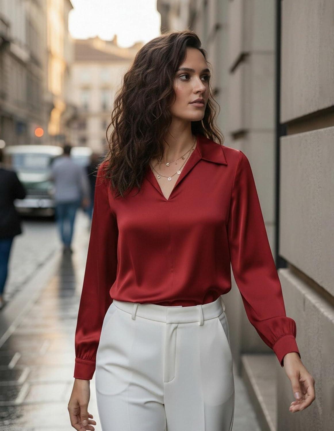 imageGRACE KARIN Business Casual Tops for Women Satin Silk Blouse Collared V Neck Long Sleeve Work Shirts Dressy Tops Fall ClothesRed