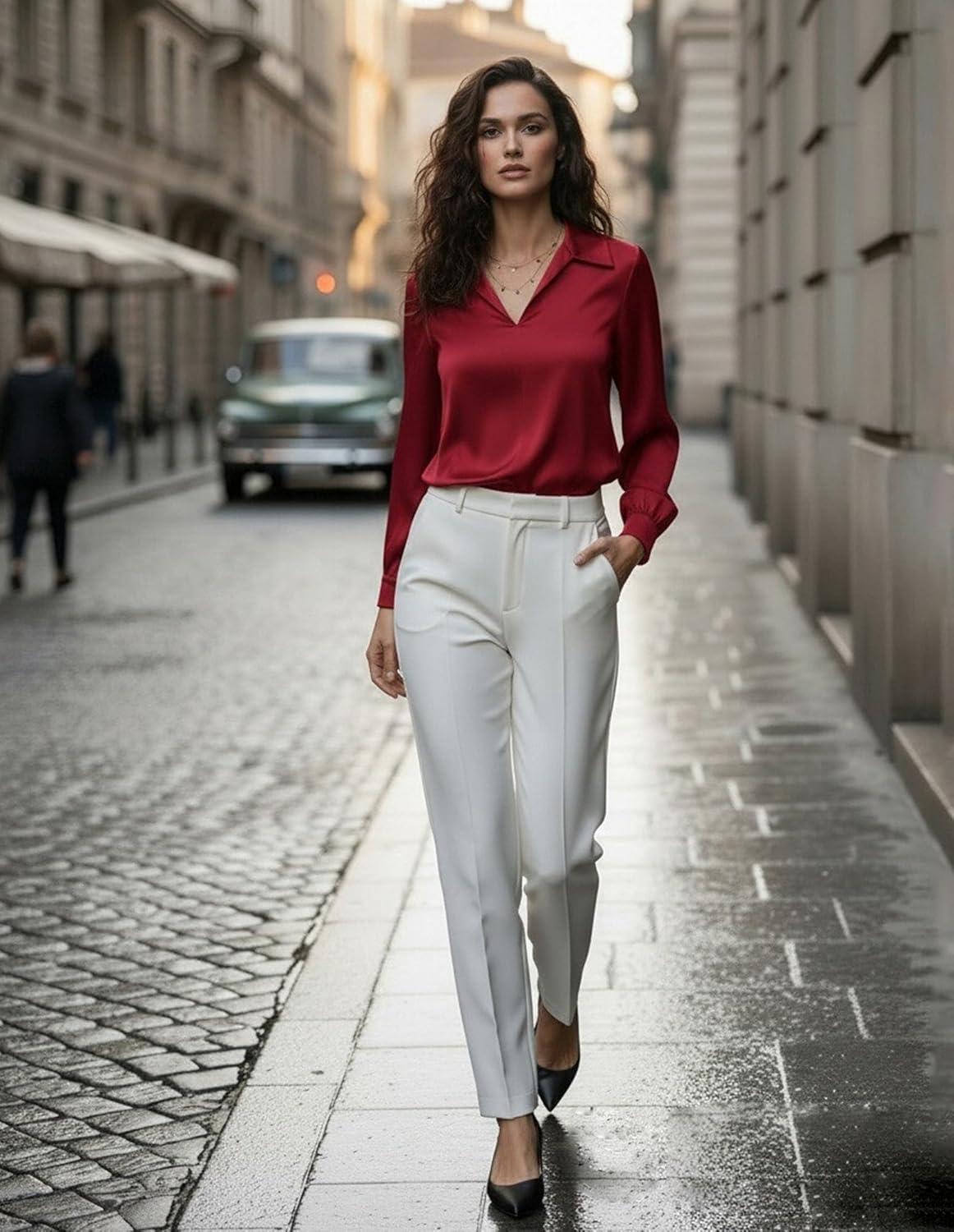 imageGRACE KARIN Business Casual Tops for Women Satin Silk Blouse Collared V Neck Long Sleeve Work Shirts Dressy Tops Fall ClothesRed