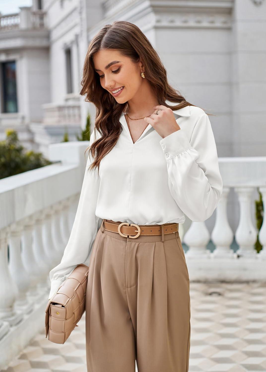 imageGRACE KARIN Business Casual Tops for Women Satin Silk Blouse Collared V Neck Long Sleeve Work Shirts Dressy Tops Fall ClothesWhite